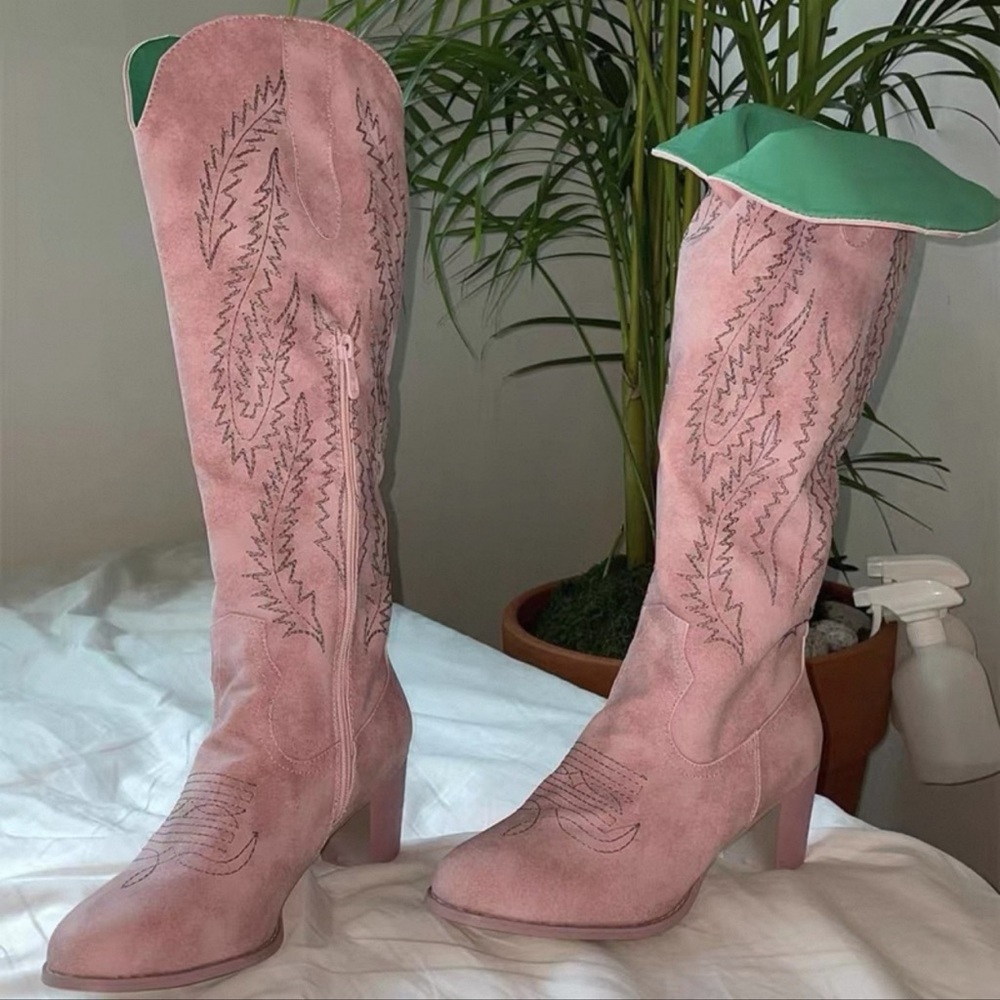 Pink Embroidered Knee-High Boots